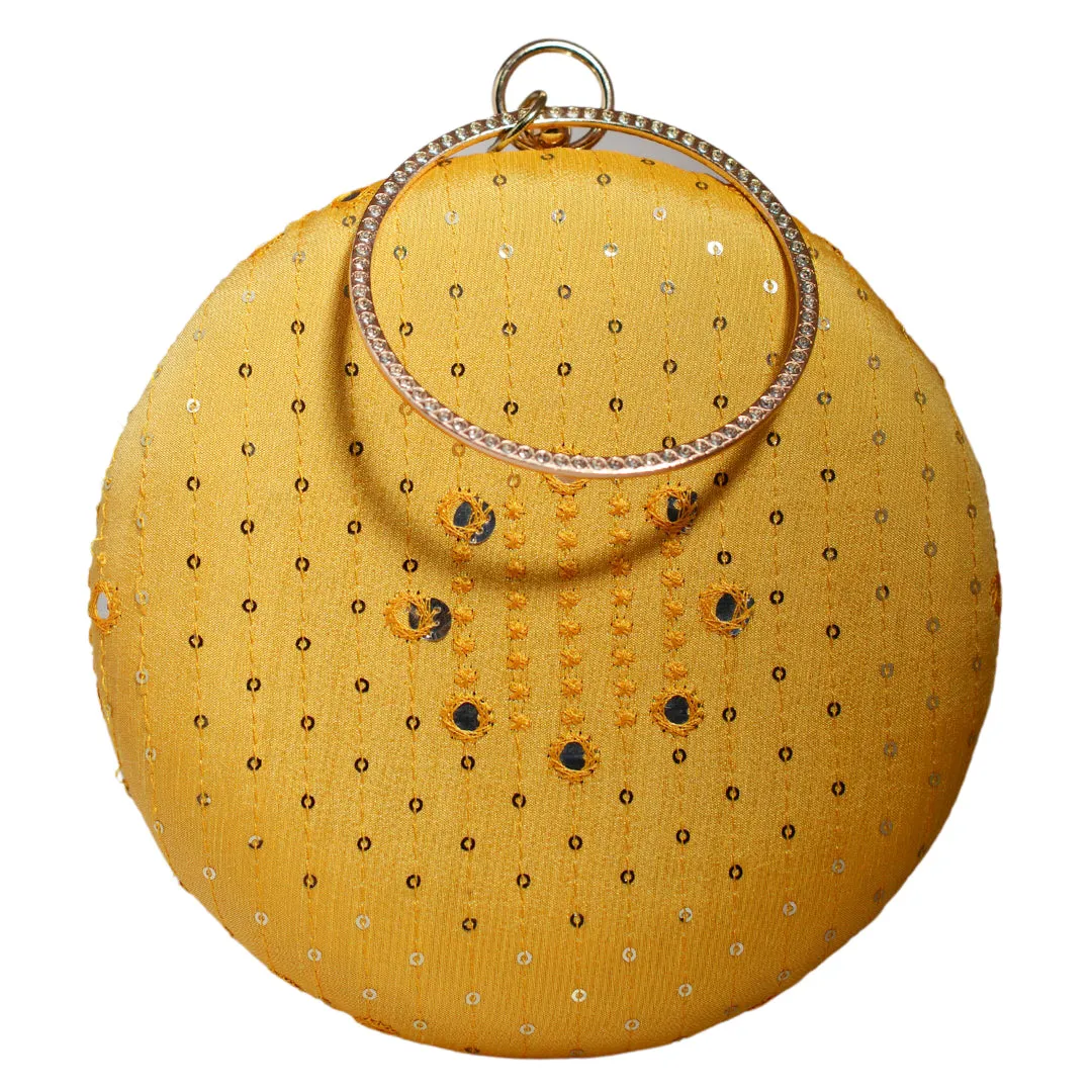 Yellow Sequins And Thread Embroidery Round Clutch