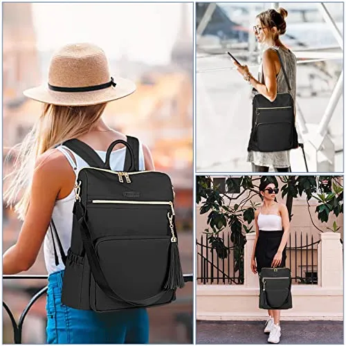 Ytonet Laptop Backpack For Women, 15.6 Inch Travel Backpack Purse For Women With USB Charging Port, Waterproof Anti Theft College Backpack Bookbag With Tassel For Ladies/Girls/Teacher/Nurse, Black
