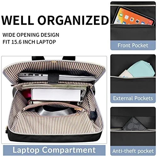 Ytonet Laptop Backpack For Women, 15.6 Inch Travel Backpack Purse For Women With USB Charging Port, Waterproof Anti Theft College Backpack Bookbag With Tassel For Ladies/Girls/Teacher/Nurse, Black