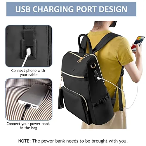 Ytonet Laptop Backpack For Women, 15.6 Inch Travel Backpack Purse For Women With USB Charging Port, Waterproof Anti Theft College Backpack Bookbag With Tassel For Ladies/Girls/Teacher/Nurse, Black