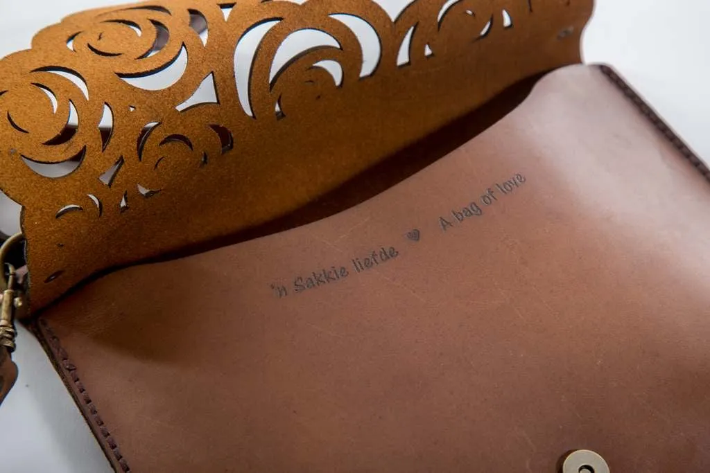 Yuppie Flower Design Genuine Leather Clutch Handbag | Engraved On The Inside “A Bag Of Love / ‘N Sakkie Liefde”