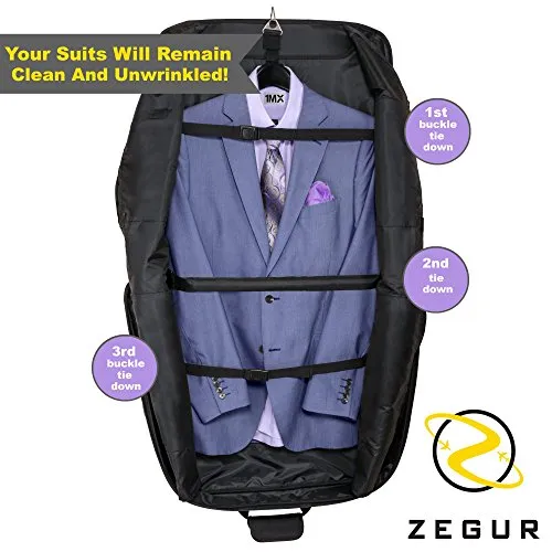 ZEGUR Suit Carry On Garment Bag for Travel & Business Trips With Shoulder Strap and Rolling Luggage Attachment Point - Black