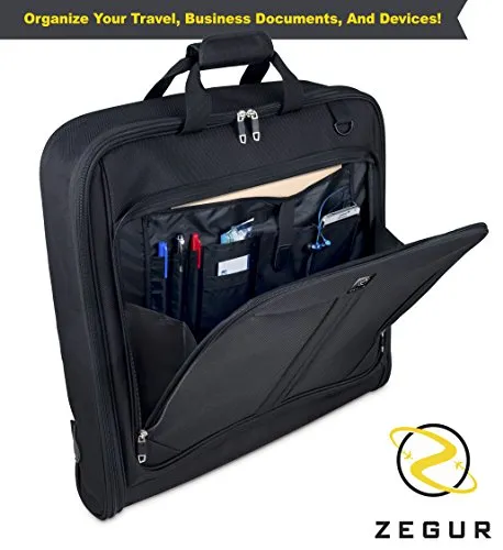 ZEGUR Suit Carry On Garment Bag for Travel & Business Trips With Shoulder Strap and Rolling Luggage Attachment Point - Black