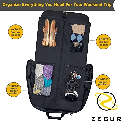 ZEGUR Suit Carry On Garment Bag for Travel & Business Trips With Shoulder Strap and Rolling Luggage Attachment Point - Black