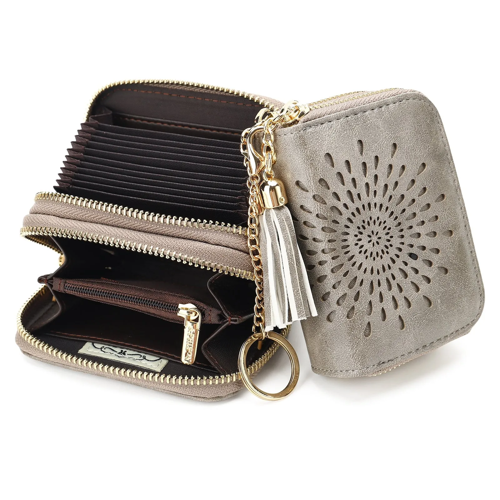 Zipper Card Cases Holder for Women RFID Blocking KeyChain Wallet-Gray Card Holder