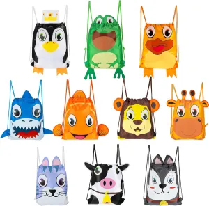 Zonon 10 Pcs Animal Drawstring Bags for Kids Party Favors 12 x 10 Drawstring Backpack Cute Safari Sea Jungle Farm Forest Animal with Ear and Tail Bags for Birthday Party Decorations Gym Traveling